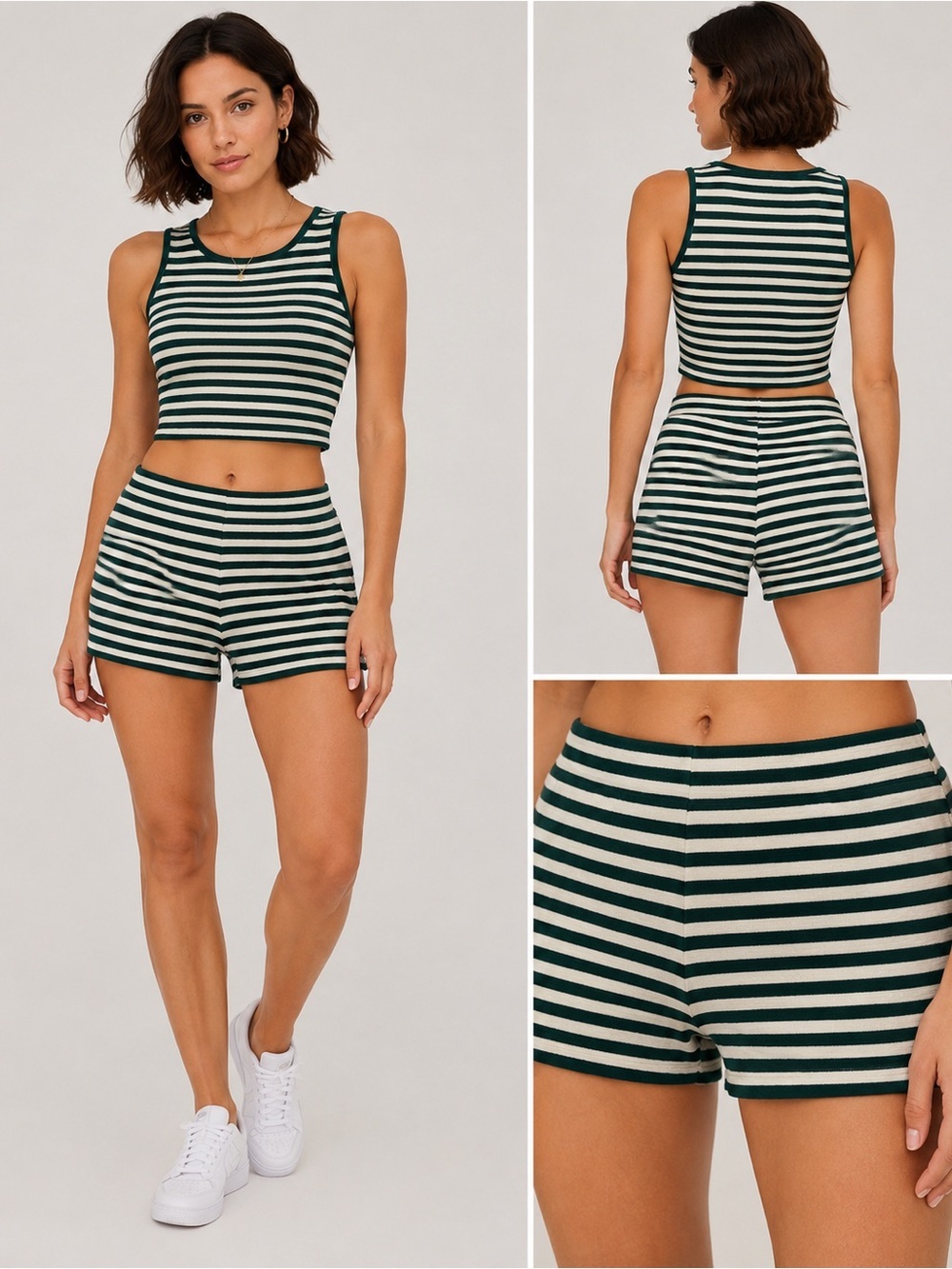 Princess Polly Green & Cream Striped Terry Tank Top Shorts Matching Set Size 8